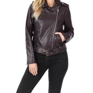 ZENANA | Vegan Faux Snackskin Leather Belted Moto Jacket | Brown